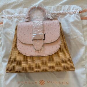 Pamela Munson Pink and Tan Wicker Bag